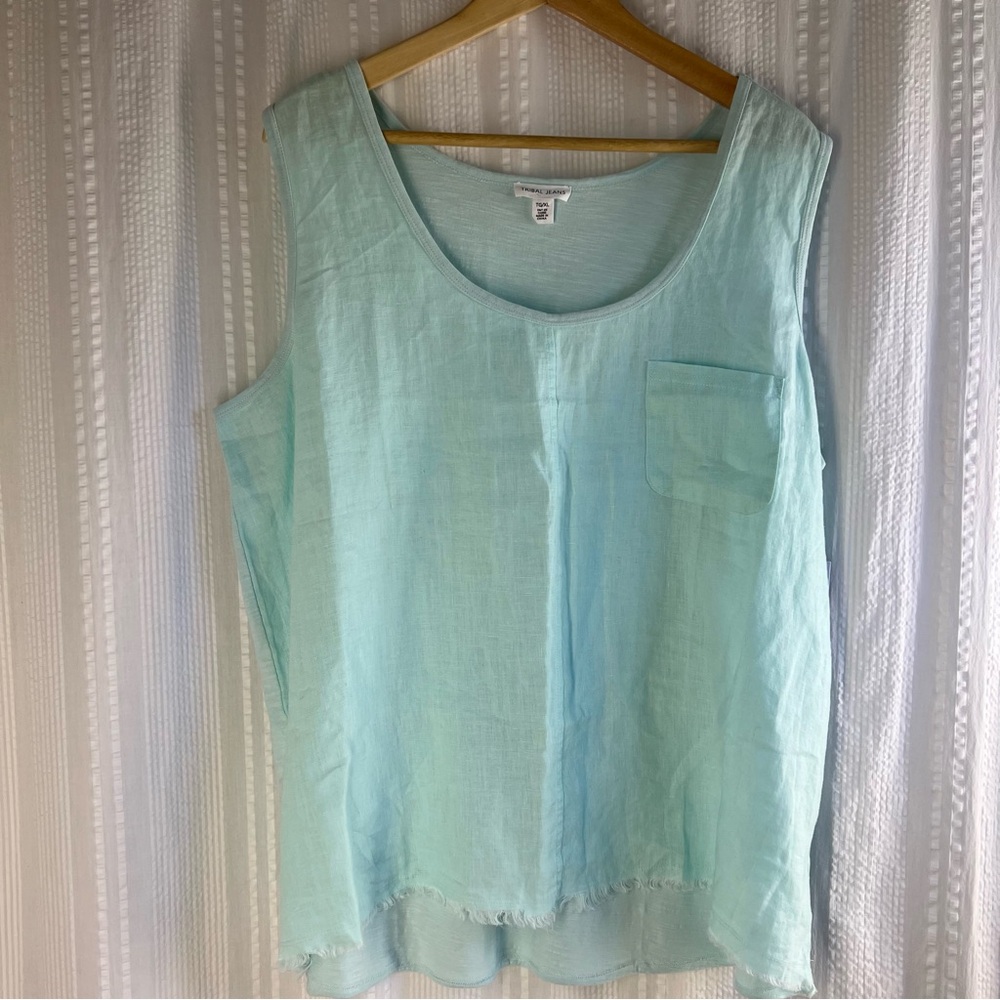Tribal Jeans  Women’s Tank Top Linen Fringe Bottom Hem Cotton Aqua‎ Green XL